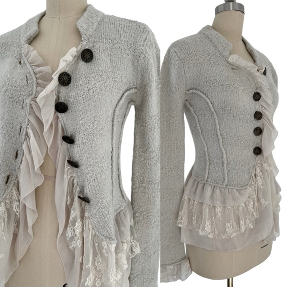 BKE Sweaters - Vintage BKE Boutique Light Gray Knit Cardigan Lace Fairy Y2K Coquette Wool XS
